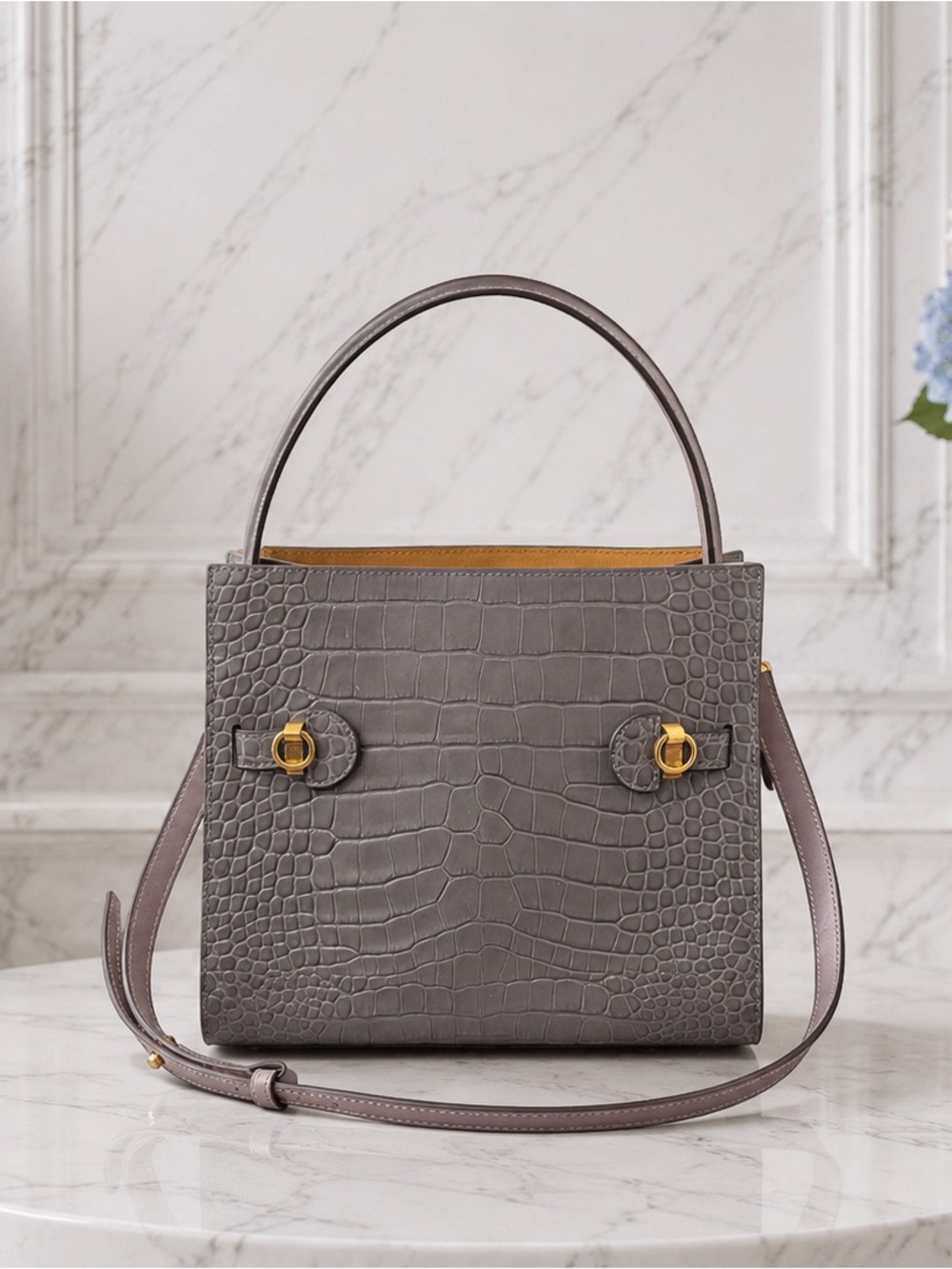 NWT Tory Burch Lee Radziwill Croc-Embossed Leather 2 Way Bag in Mineral Gray - Picture 2 of 16